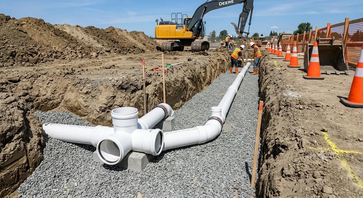 New PVC sewer pipe installation in open trench for Grease Trap Cleaning in Dodge City