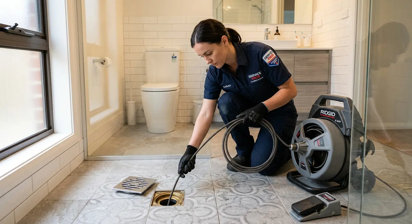 Technician clearing a bathroom floor drain for Sewer Line Installation in Dodge City